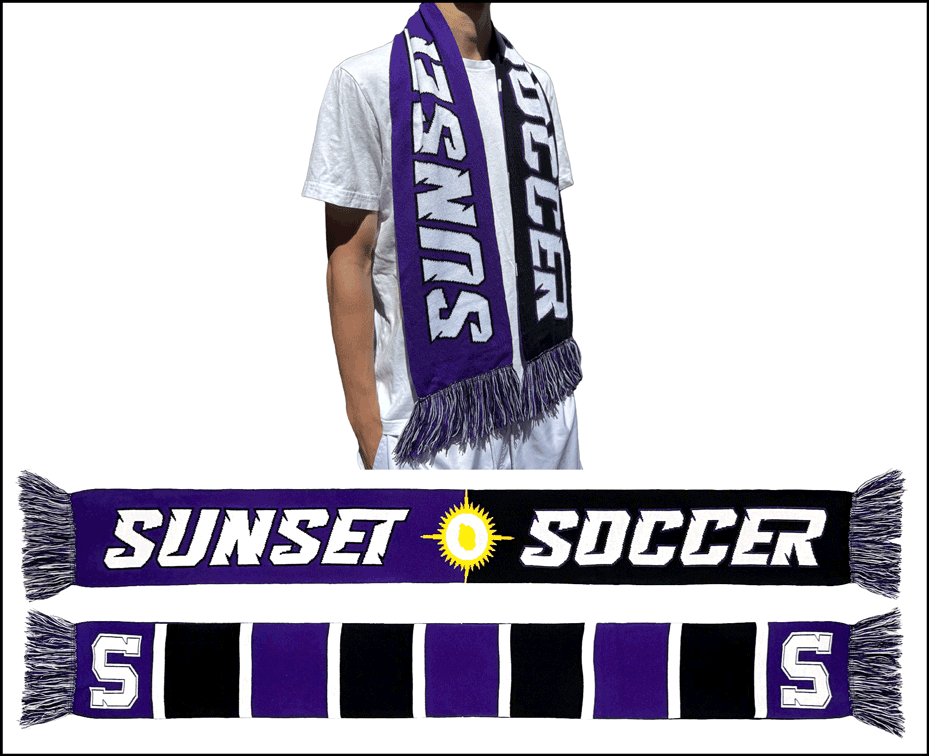 Sunset Soccer limited edition supporter scarf, purple and black with Apollos lettering